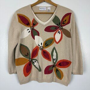 Vtg Alfred Dunner V-Neck Knit Sweater Medium Bold Floral Beaded Embellishments